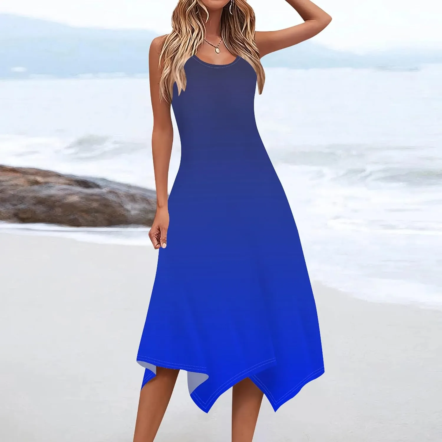 Women Casual Solid Color Summer Midi Dress Sleeveless Pleated T Shirt Sundress Hankerchief Hem Swing Tank Boho Beach Dresses
