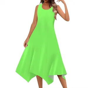 Women Casual Solid Color Summer Midi Dress Sleeveless Pleated T Shirt Sundress Hankerchief Hem Swing Tank Boho Beach Dresses