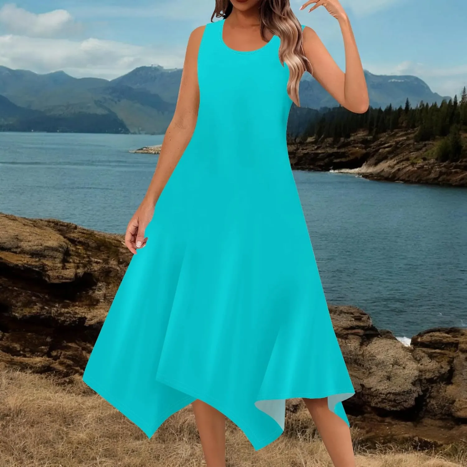 Women Casual Solid Color Summer Midi Dress Sleeveless Pleated T Shirt Sundress Hankerchief Hem Swing Tank Boho Beach Dresses