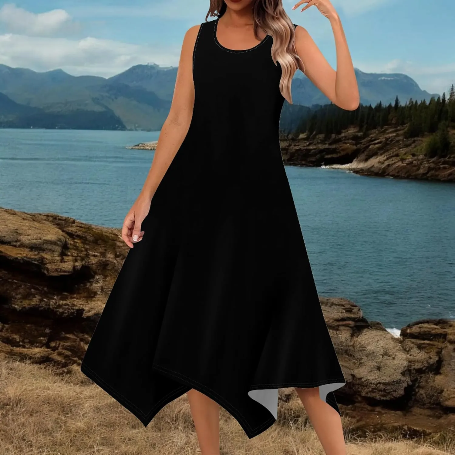 Women Casual Solid Color Summer Midi Dress Sleeveless Pleated T Shirt Sundress Hankerchief Hem Swing Tank Boho Beach Dresses