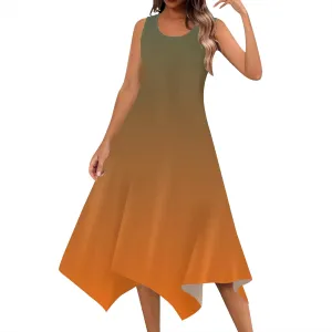 Women Casual Solid Color Summer Midi Dress Sleeveless Pleated T Shirt Sundress Hankerchief Hem Swing Tank Boho Beach Dresses