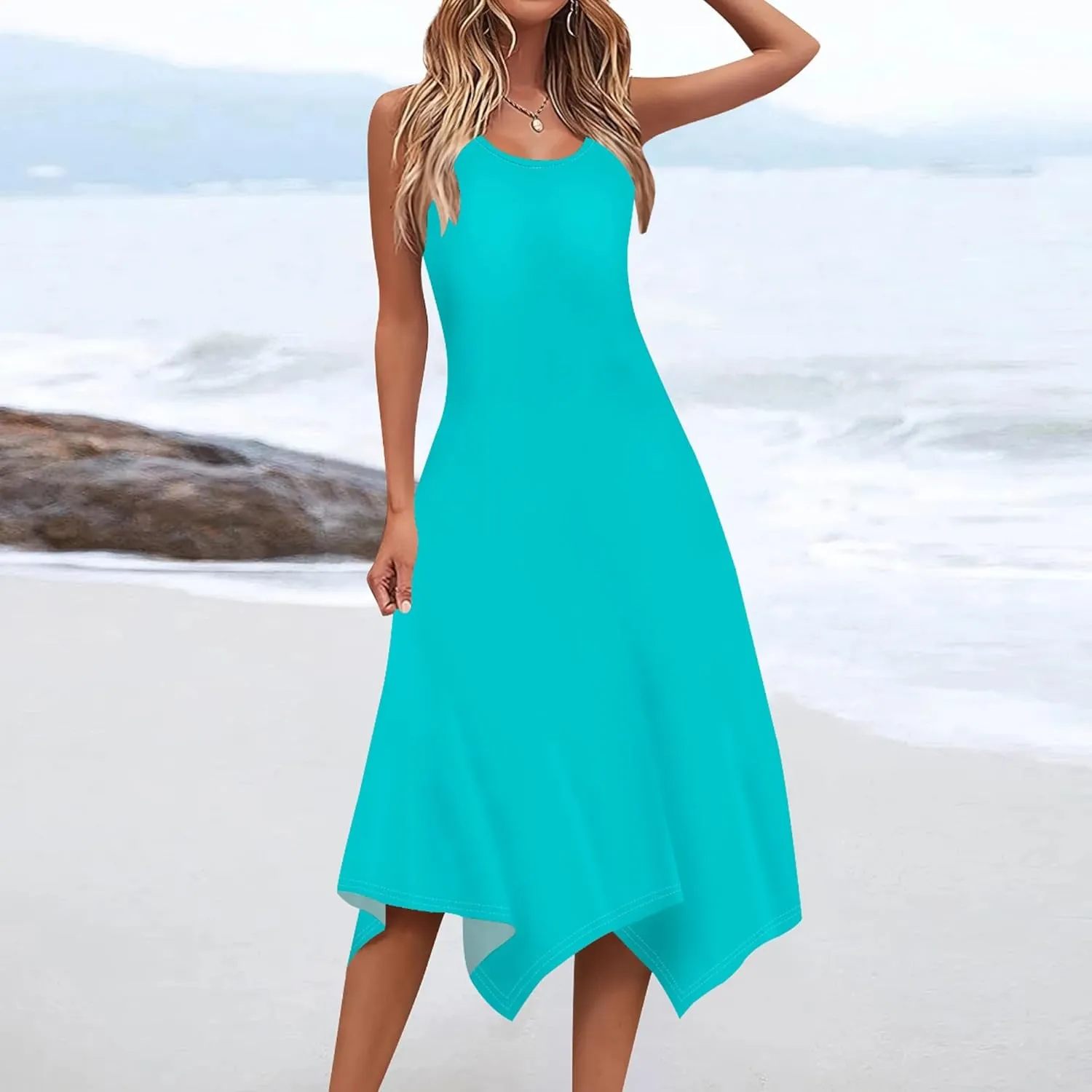 Women Casual Solid Color Summer Midi Dress Sleeveless Pleated T Shirt Sundress Hankerchief Hem Swing Tank Boho Beach Dresses