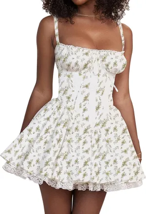 Women Corset Floral Mini Dress Sexy Spaghetti Strap Low Cut Ruffle Lace Short Dresses Summer Bustier Sundress