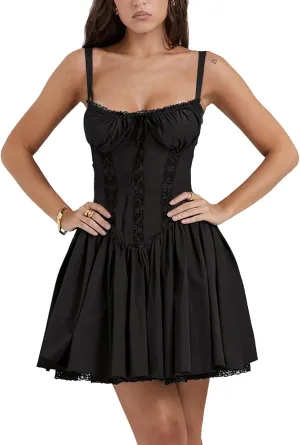 Women Corset Floral Mini Dress Sexy Spaghetti Strap Low Cut Ruffle Lace Short Dresses Summer Bustier Sundress