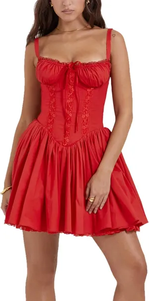 Women Corset Floral Mini Dress Sexy Spaghetti Strap Low Cut Ruffle Lace Short Dresses Summer Bustier Sundress
