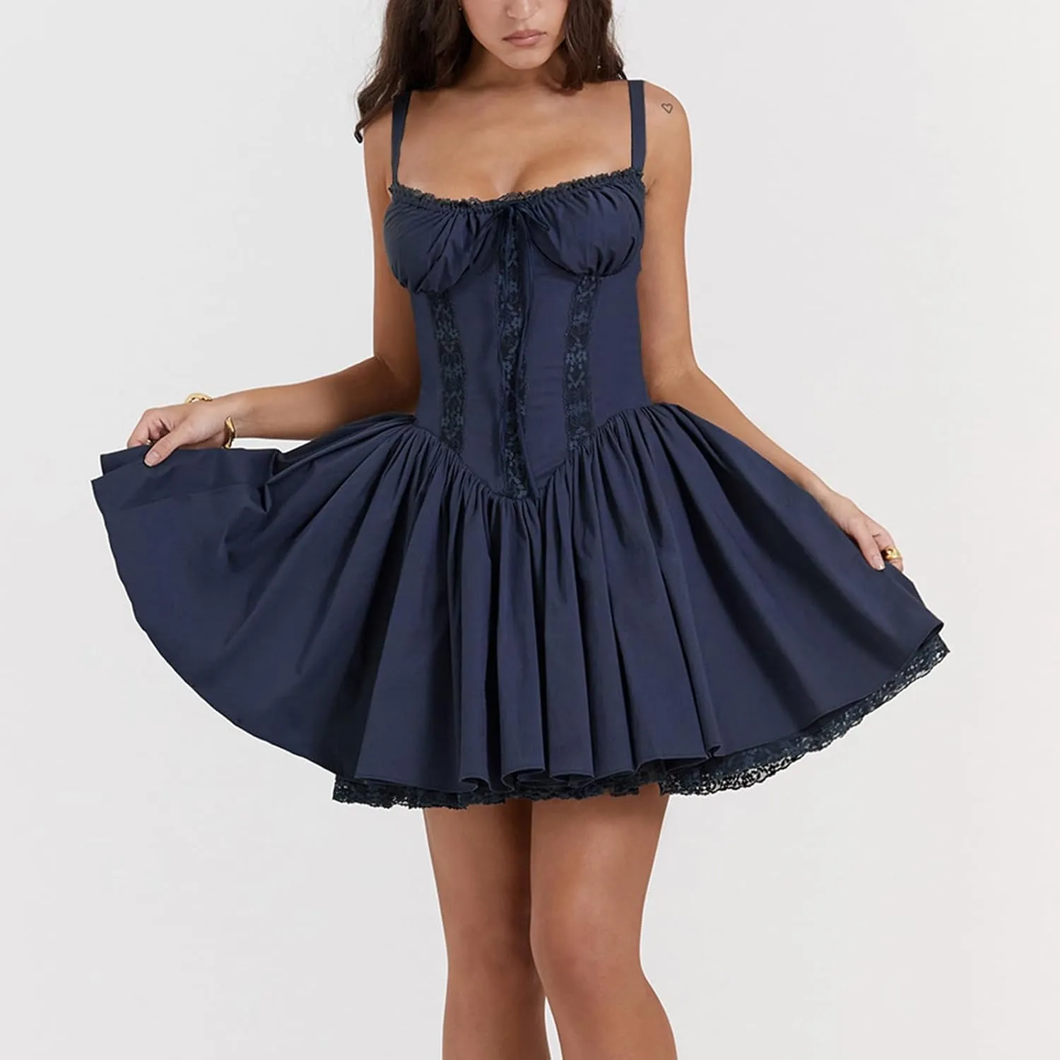 Women Corset Floral Mini Dress Sexy Spaghetti Strap Low Cut Ruffle Lace Short Dresses Summer Bustier Sundress