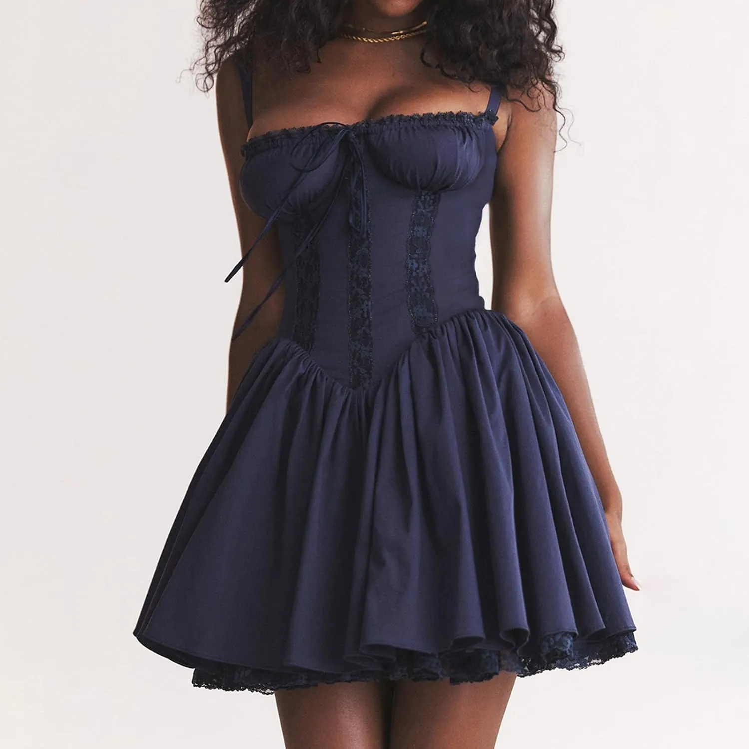 Women Corset Floral Mini Dress Sexy Spaghetti Strap Low Cut Ruffle Lace Short Dresses Summer Bustier Sundress