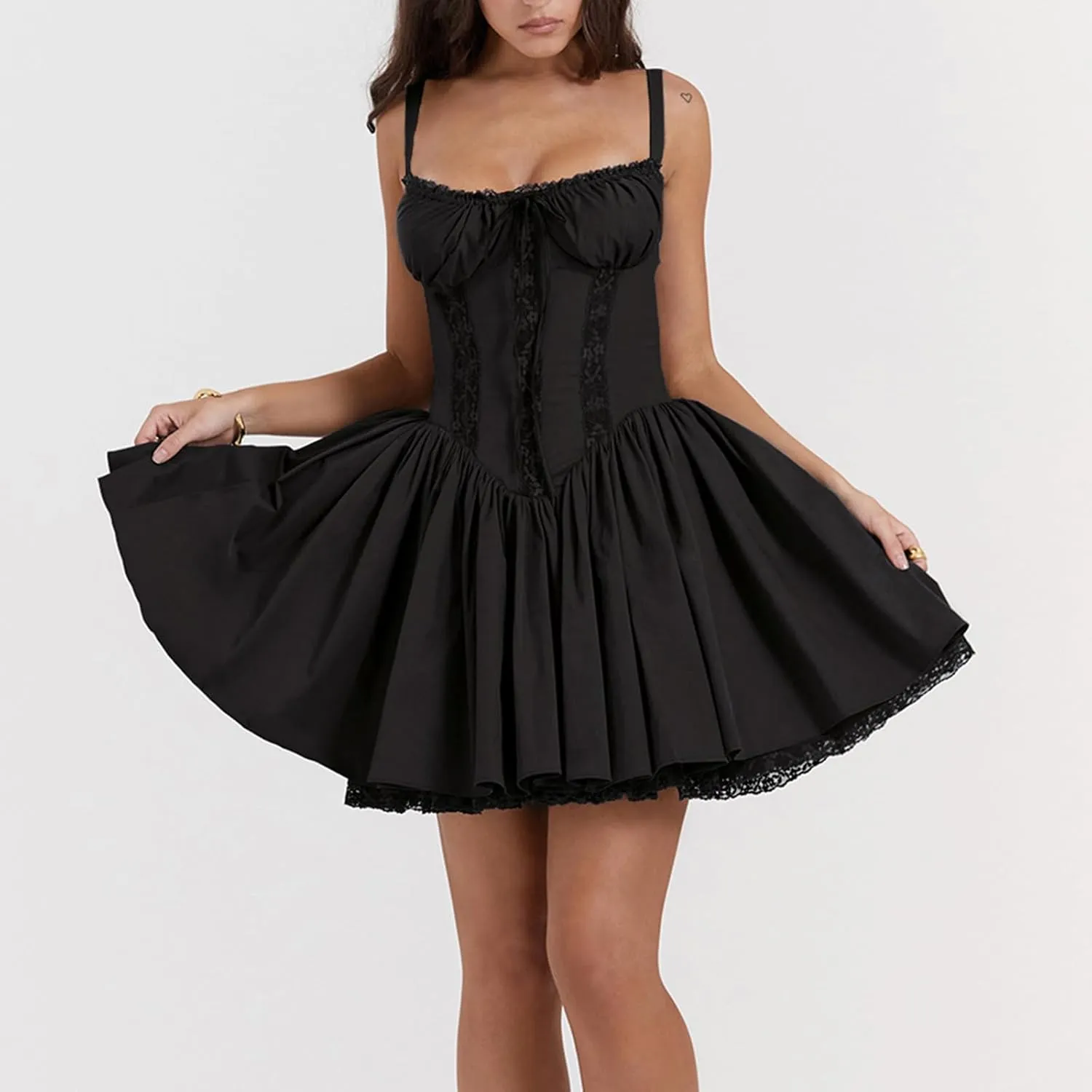 Women Corset Floral Mini Dress Sexy Spaghetti Strap Low Cut Ruffle Lace Short Dresses Summer Bustier Sundress