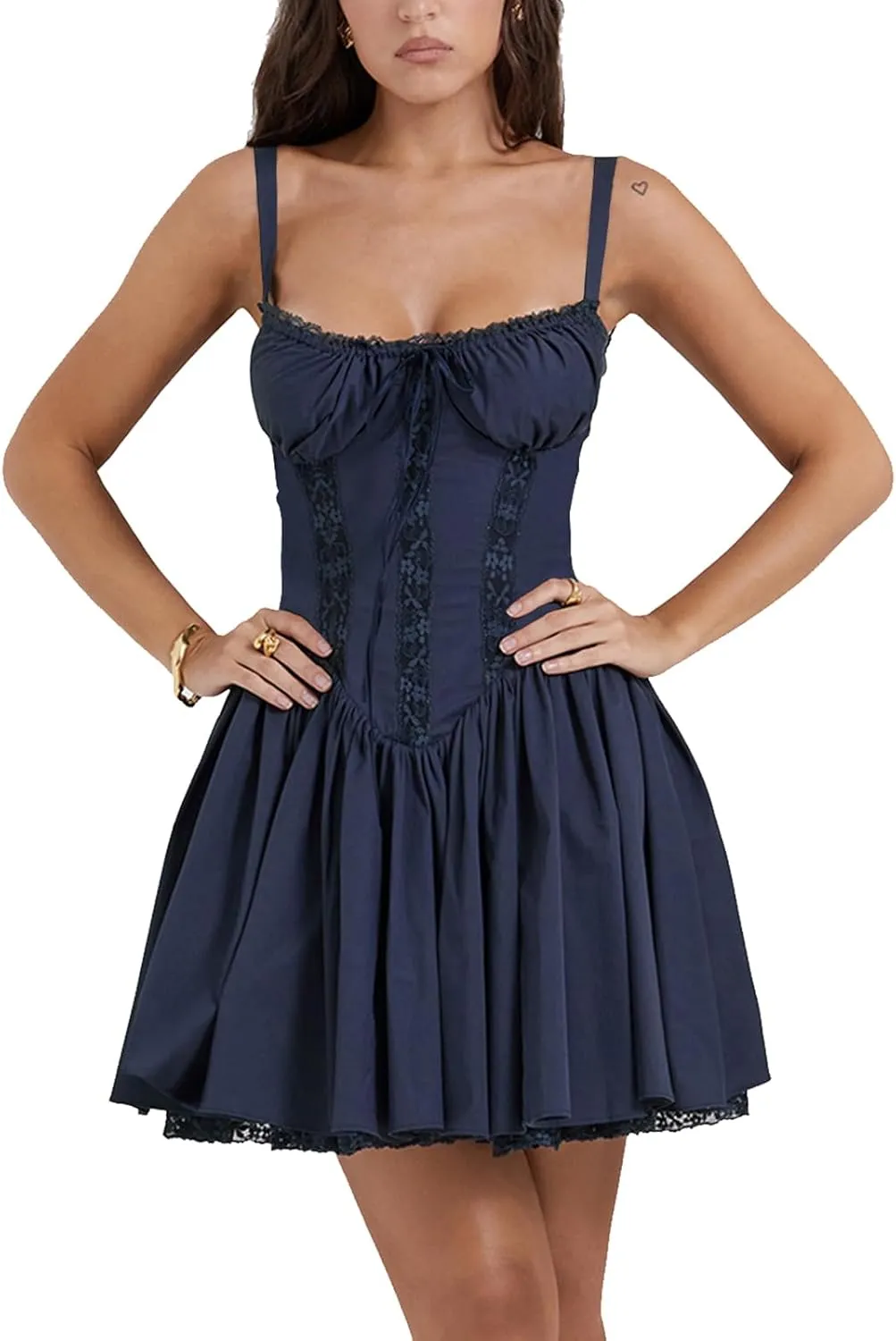 Women Corset Floral Mini Dress Sexy Spaghetti Strap Low Cut Ruffle Lace Short Dresses Summer Bustier Sundress