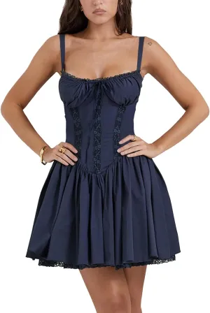 Women Corset Floral Mini Dress Sexy Spaghetti Strap Low Cut Ruffle Lace Short Dresses Summer Bustier Sundress