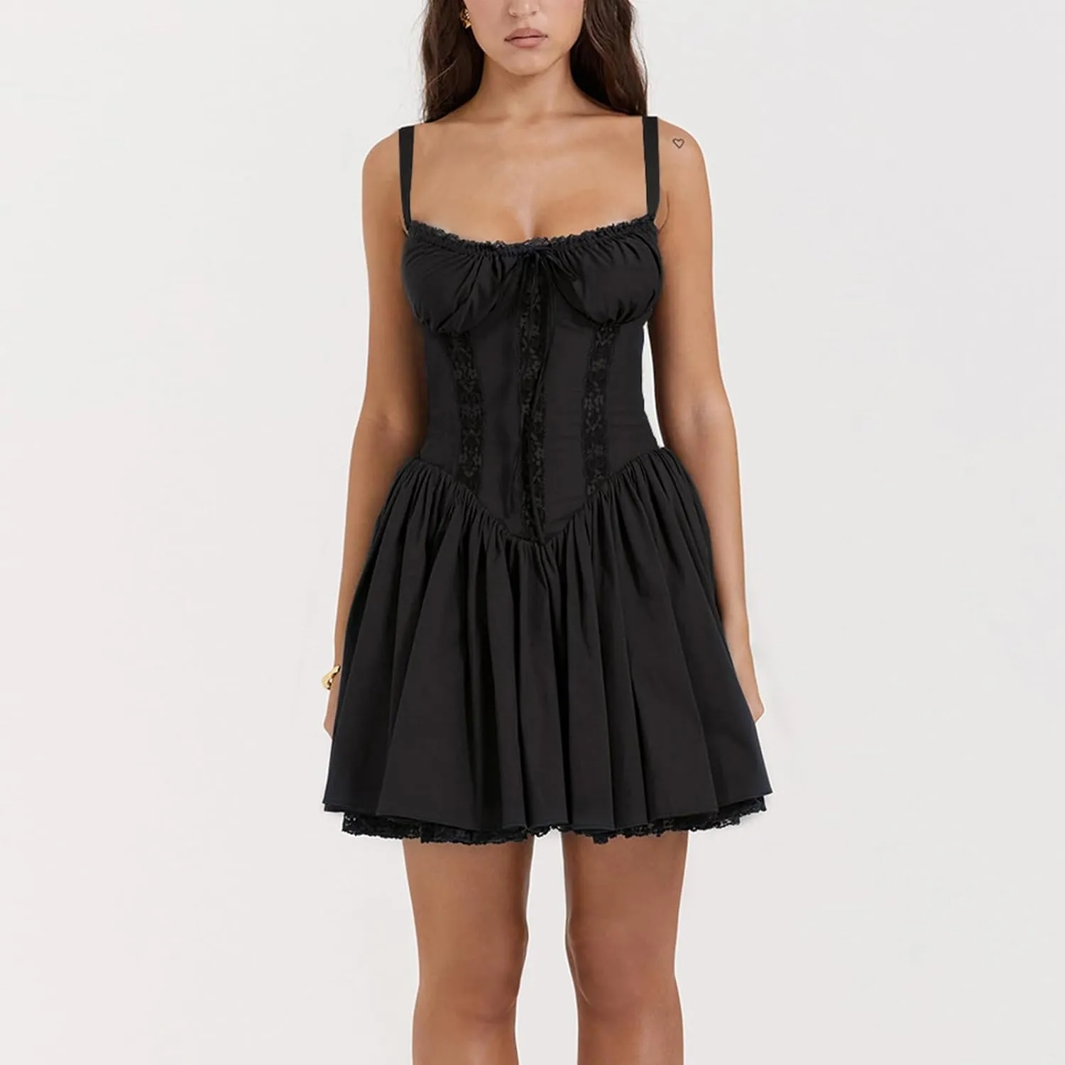Women Corset Floral Mini Dress Sexy Spaghetti Strap Low Cut Ruffle Lace Short Dresses Summer Bustier Sundress