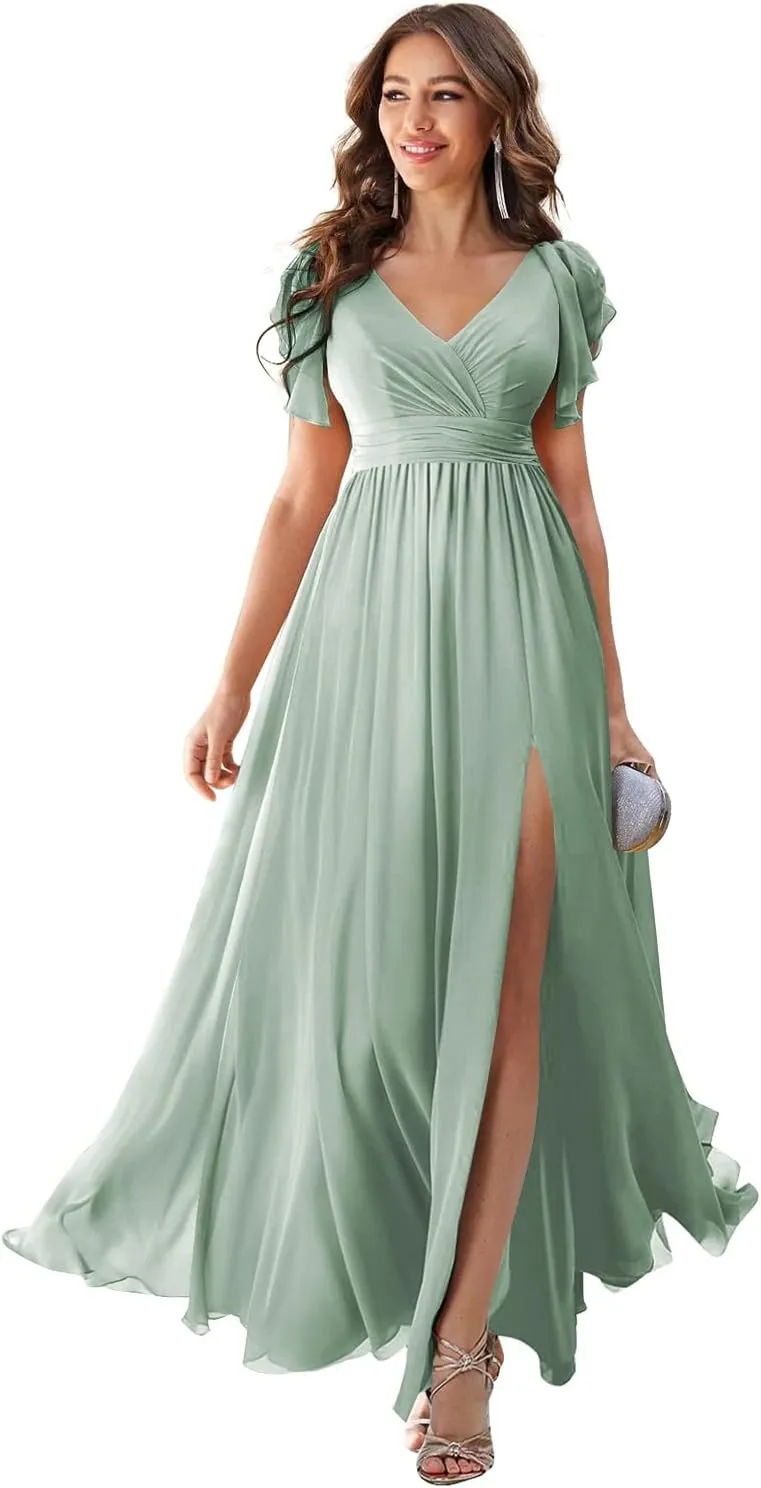 Women Double V-Neck Sleevless Bridesmaid Dresses Ruched Chiffon A Line Long Formal Evening Party Dress YR014