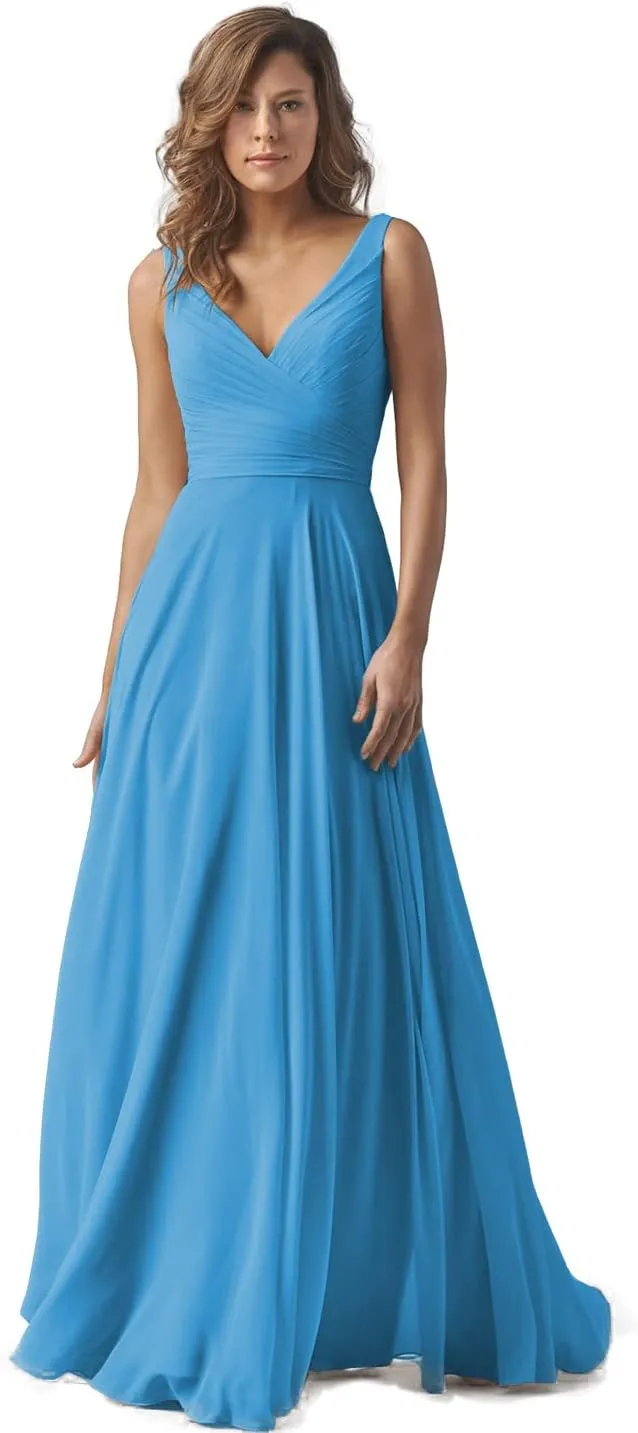 Women Double V-Neck Sleevless Bridesmaid Dresses Ruched Chiffon A Line Long Formal Evening Party Dress YR014