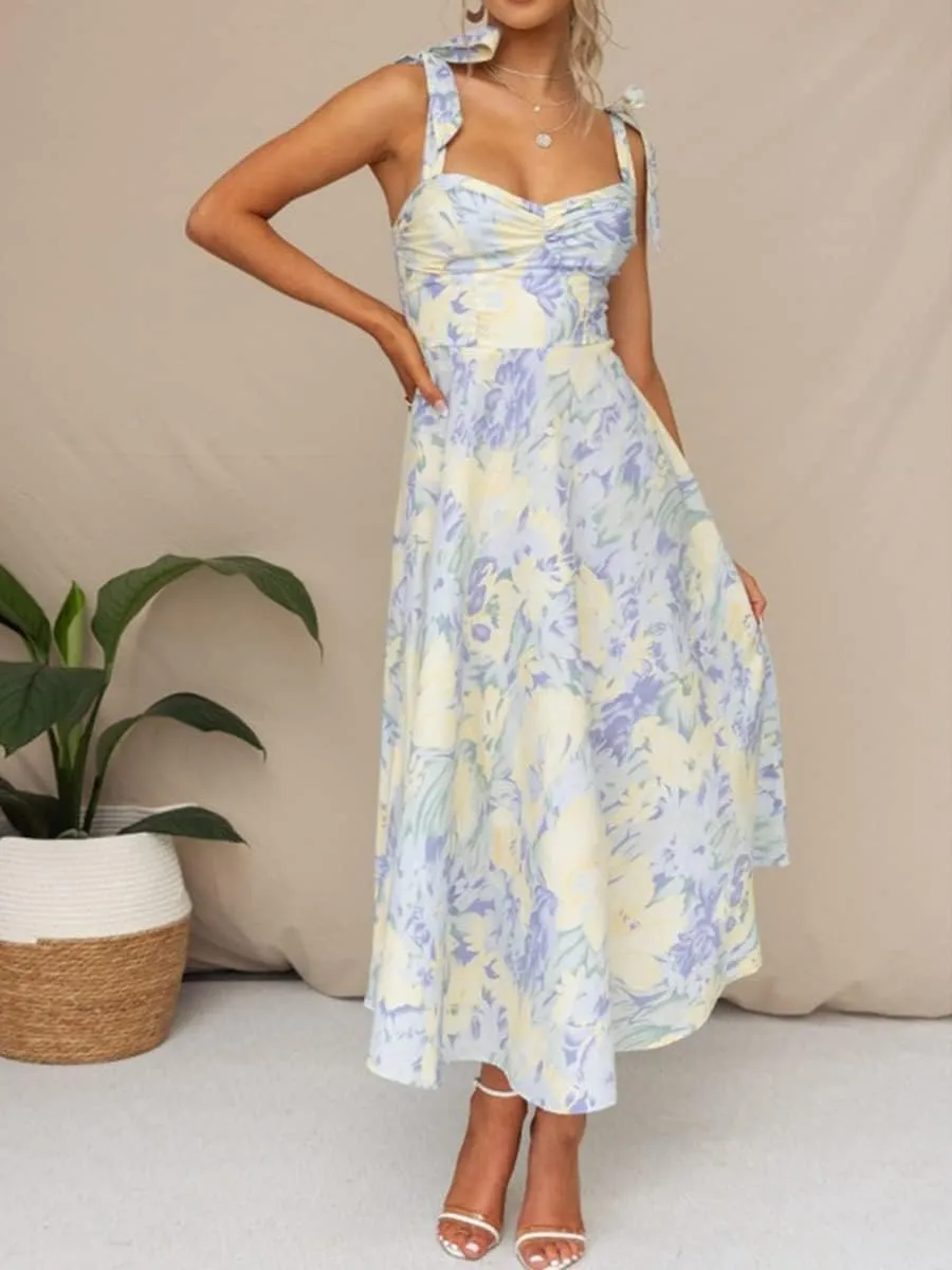 Women Floral Corset Dress 2025 Summer Spaghetti Straps Boho Midi Bustier Sundress Going Out Beach Sundress