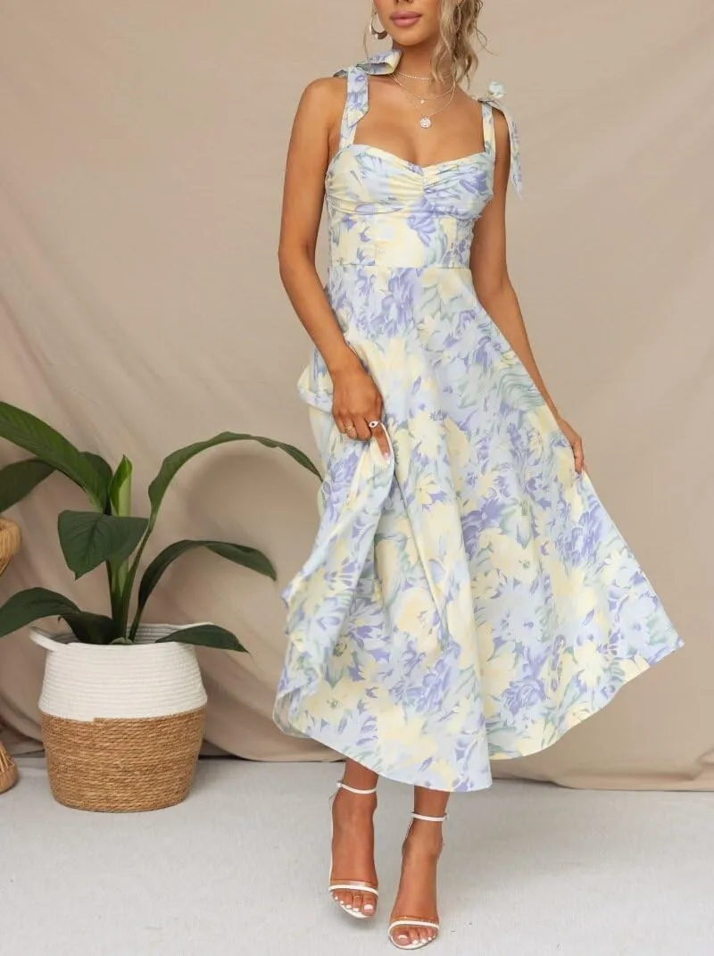 Women Floral Corset Dress 2025 Summer Spaghetti Straps Boho Midi Bustier Sundress Going Out Beach Sundress