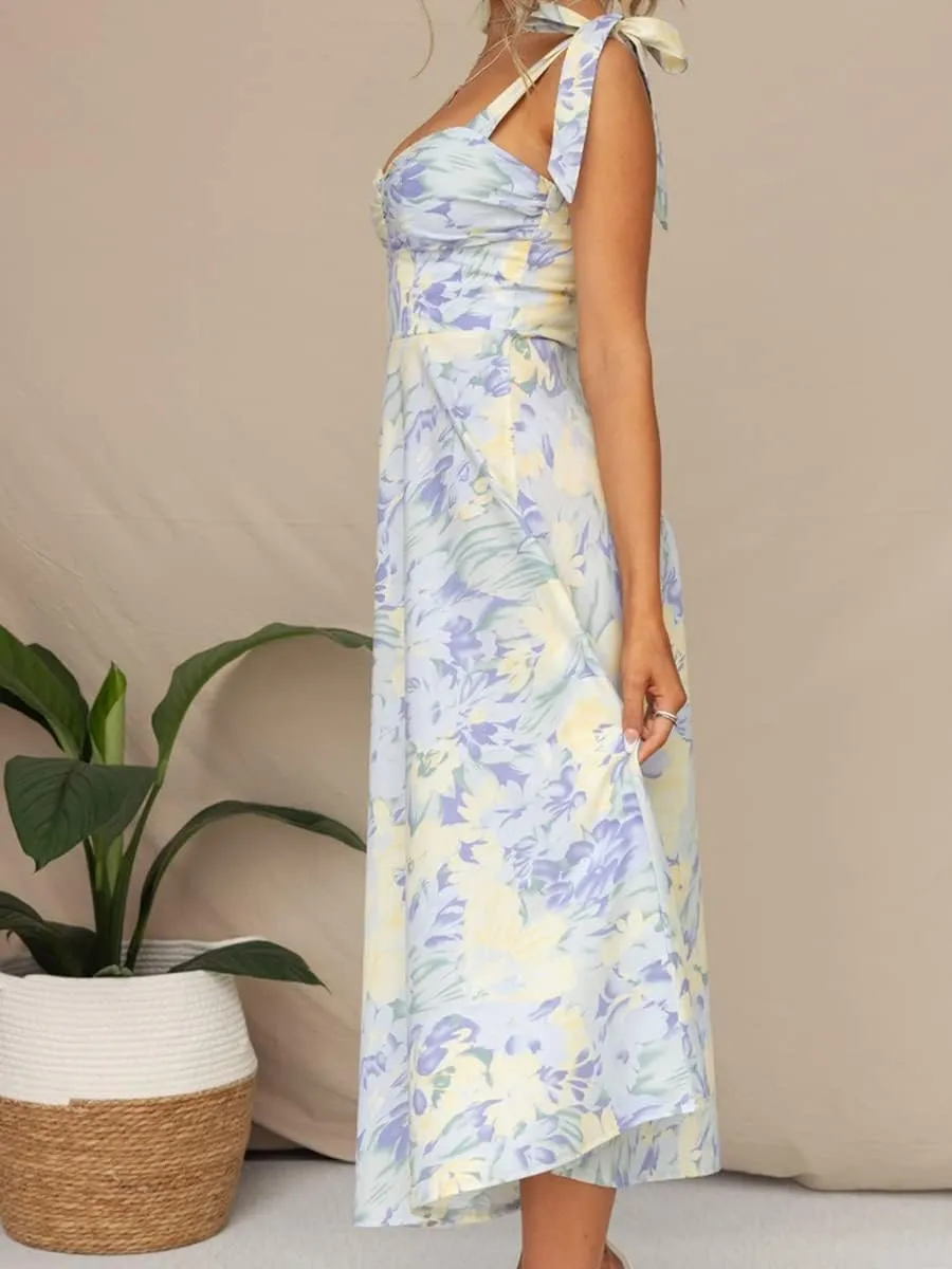 Women Floral Corset Dress 2025 Summer Spaghetti Straps Boho Midi Bustier Sundress Going Out Beach Sundress