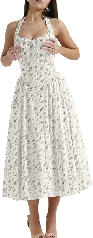 Women Floral Corset Dress Halter Neck Low Cut Bustier Lace Midi Dress Flowy Pleated Hem Long Sundress with Pockets