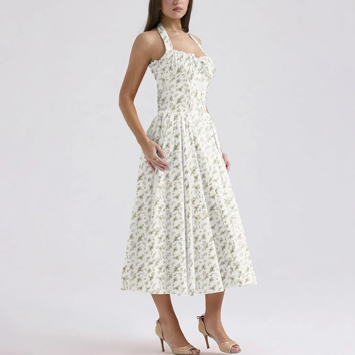 Women Floral Corset Dress Halter Neck Low Cut Bustier Lace Midi Dress Flowy Pleated Hem Long Sundress with Pockets
