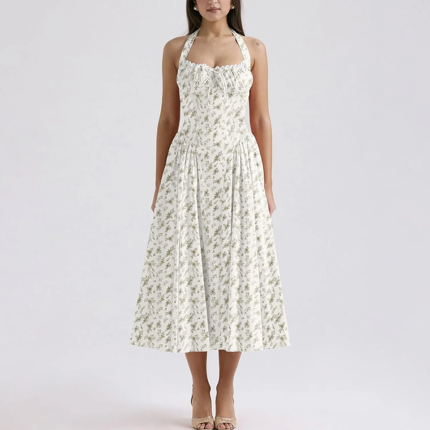 Women Floral Corset Dress Halter Neck Low Cut Bustier Lace Midi Dress Flowy Pleated Hem Long Sundress with Pockets