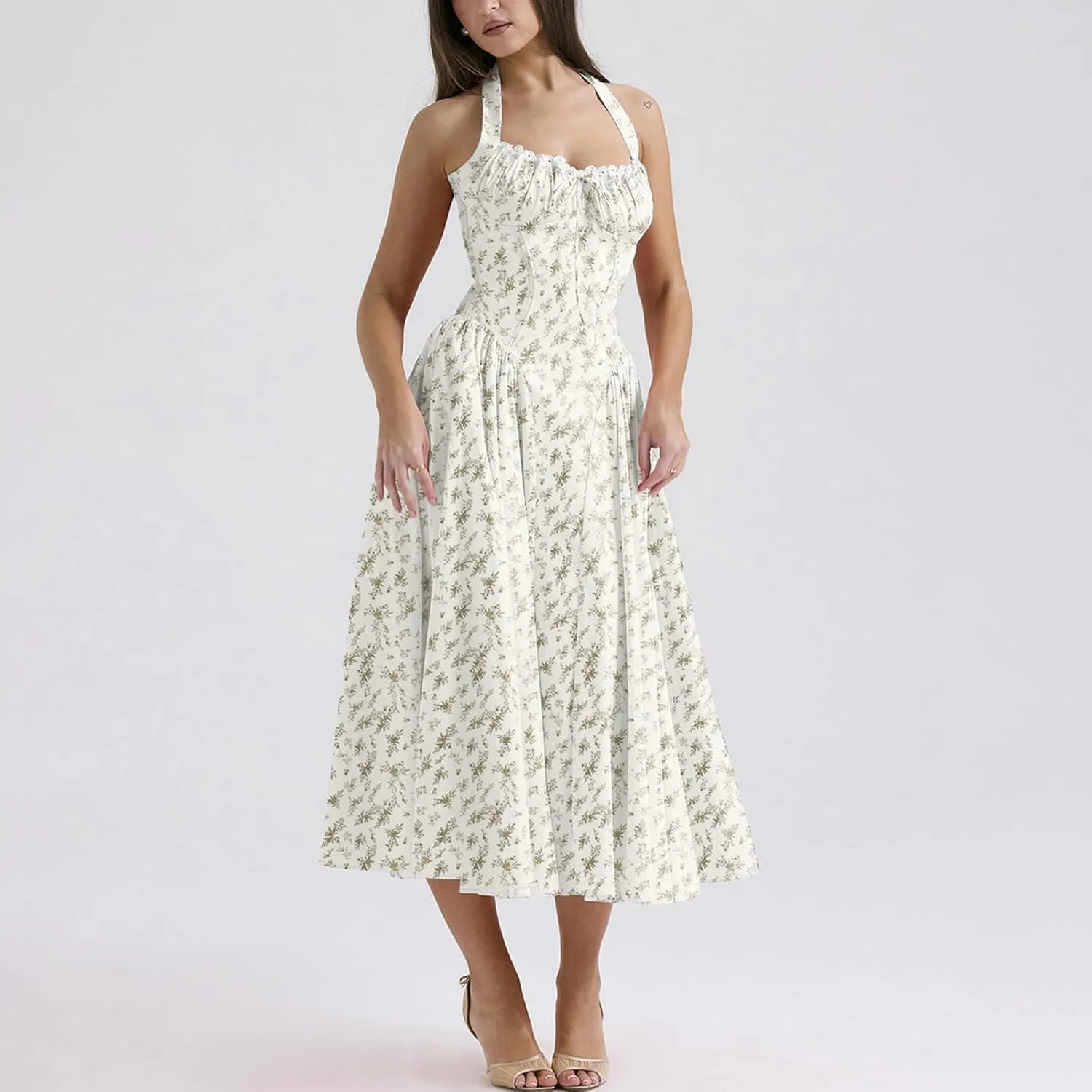 Women Floral Corset Dress Halter Neck Low Cut Bustier Lace Midi Dress Flowy Pleated Hem Long Sundress with Pockets