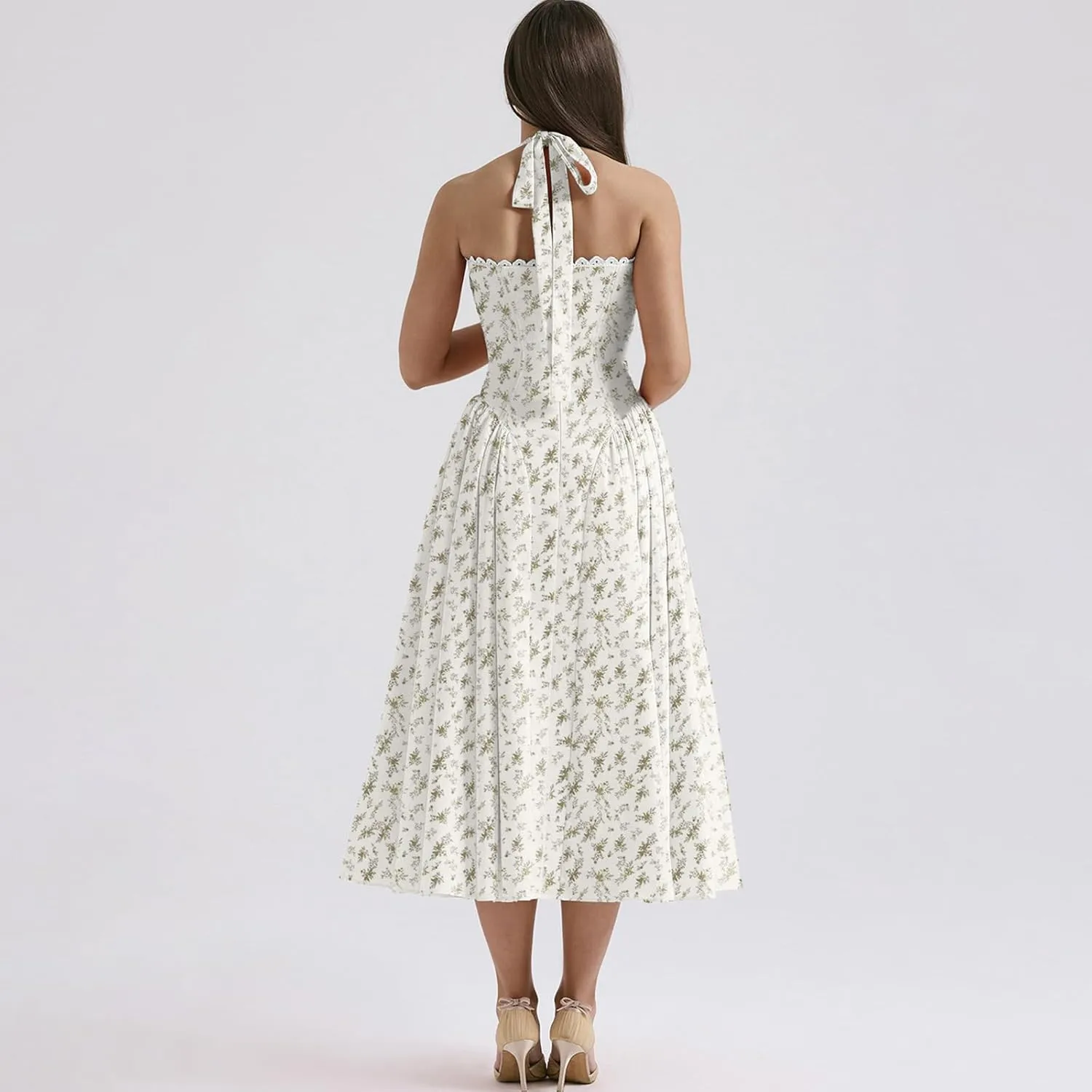 Women Floral Corset Dress Halter Neck Low Cut Bustier Lace Midi Dress Flowy Pleated Hem Long Sundress with Pockets