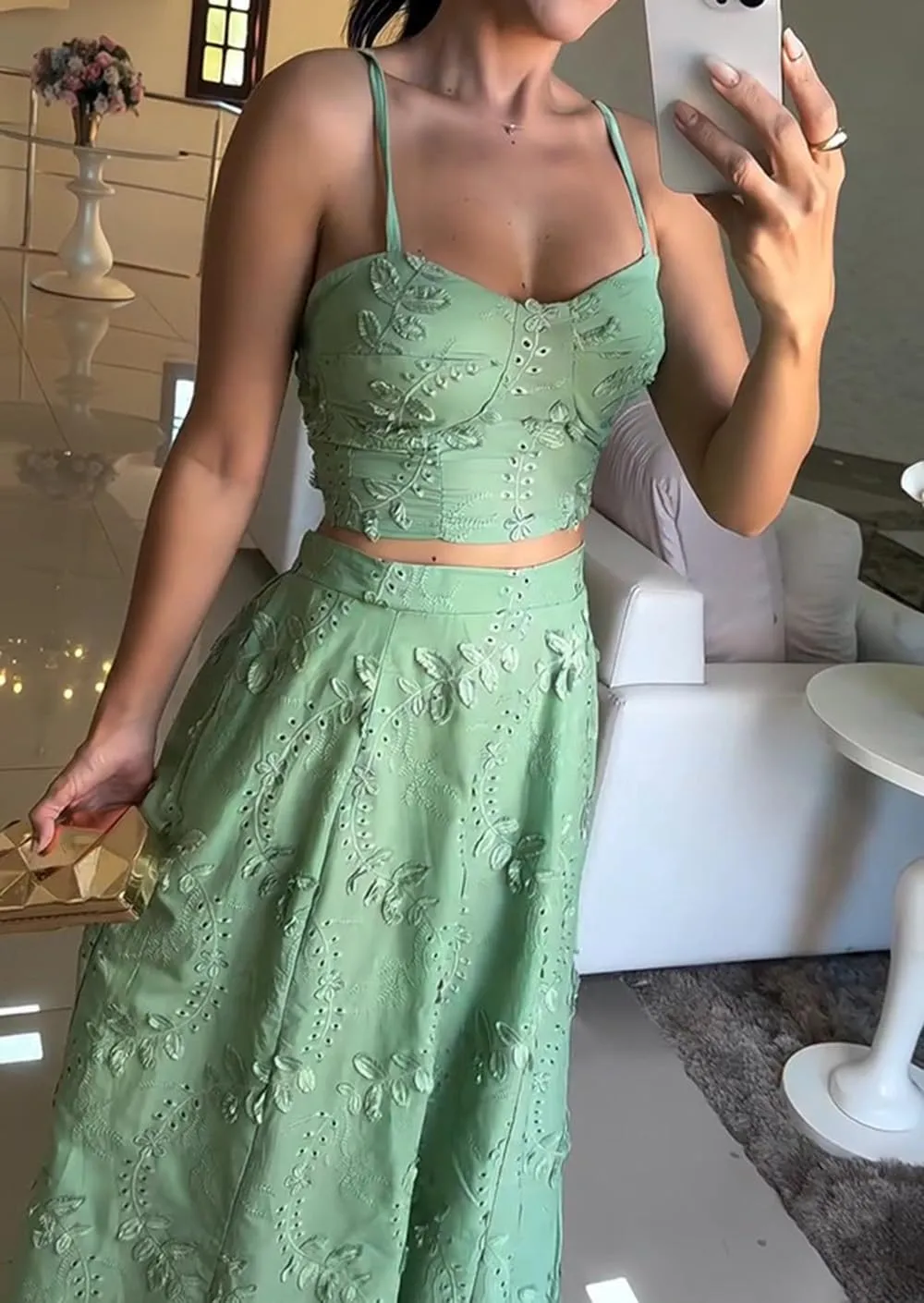 Women Floral Embroidered Eyelet 2 Piece Spaghetti Strap Cami Top and Long Skirt Sets Flowy Swing Skirt Party Club Set