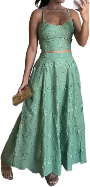 Women Floral Embroidered Eyelet 2 Piece Spaghetti Strap Cami Top and Long Skirt Sets Flowy Swing Skirt Party Club Set