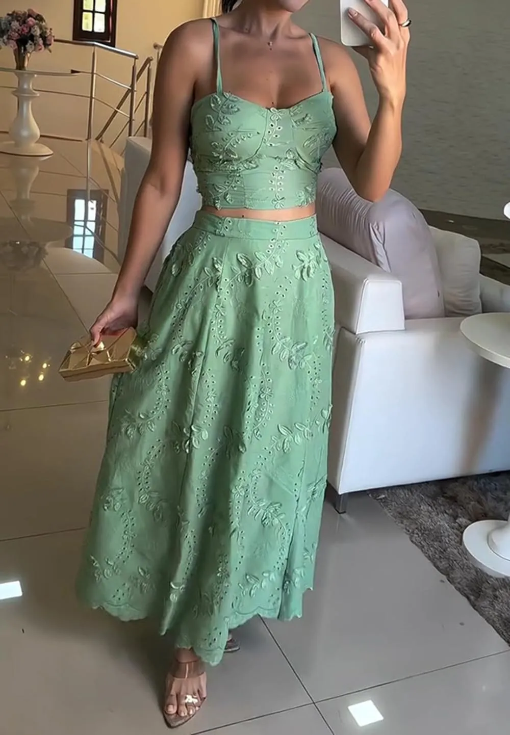 Women Floral Embroidered Eyelet 2 Piece Spaghetti Strap Cami Top and Long Skirt Sets Flowy Swing Skirt Party Club Set