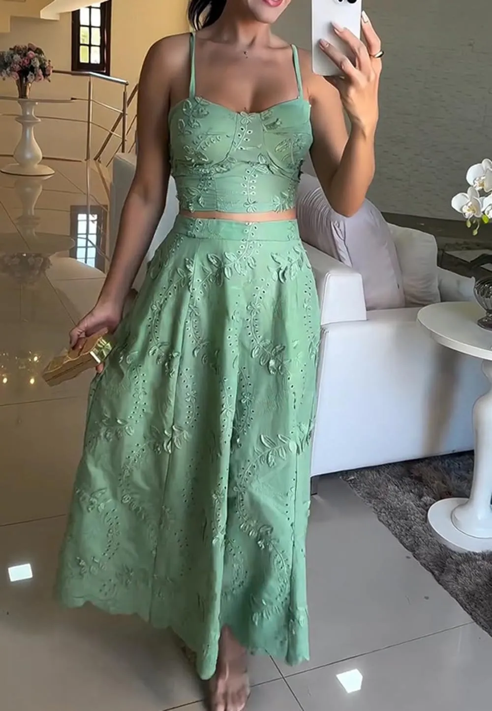 Women Floral Embroidered Eyelet 2 Piece Spaghetti Strap Cami Top and Long Skirt Sets Flowy Swing Skirt Party Club Set