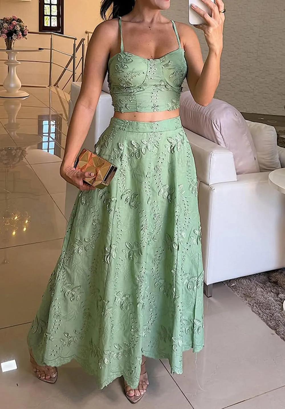 Women Floral Embroidered Eyelet 2 Piece Spaghetti Strap Cami Top and Long Skirt Sets Flowy Swing Skirt Party Club Set