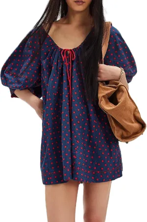 Women Floral Puff Short Sleeve Mini Dress Cute Boho Loose Fit Short Dresses Casual A Line Beach Vocation Sun Dress
