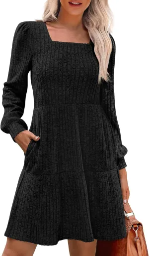 Women Knit Dress Puff Long Sleeve Dress for Fall Winter Square Neck Casual Tunic Dresses Womens Fall Fashion 2024