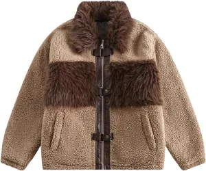 Women Lapel Fleece Faux Fur Coat Loose Fit Vintage Warm Cotton-Padded Coat