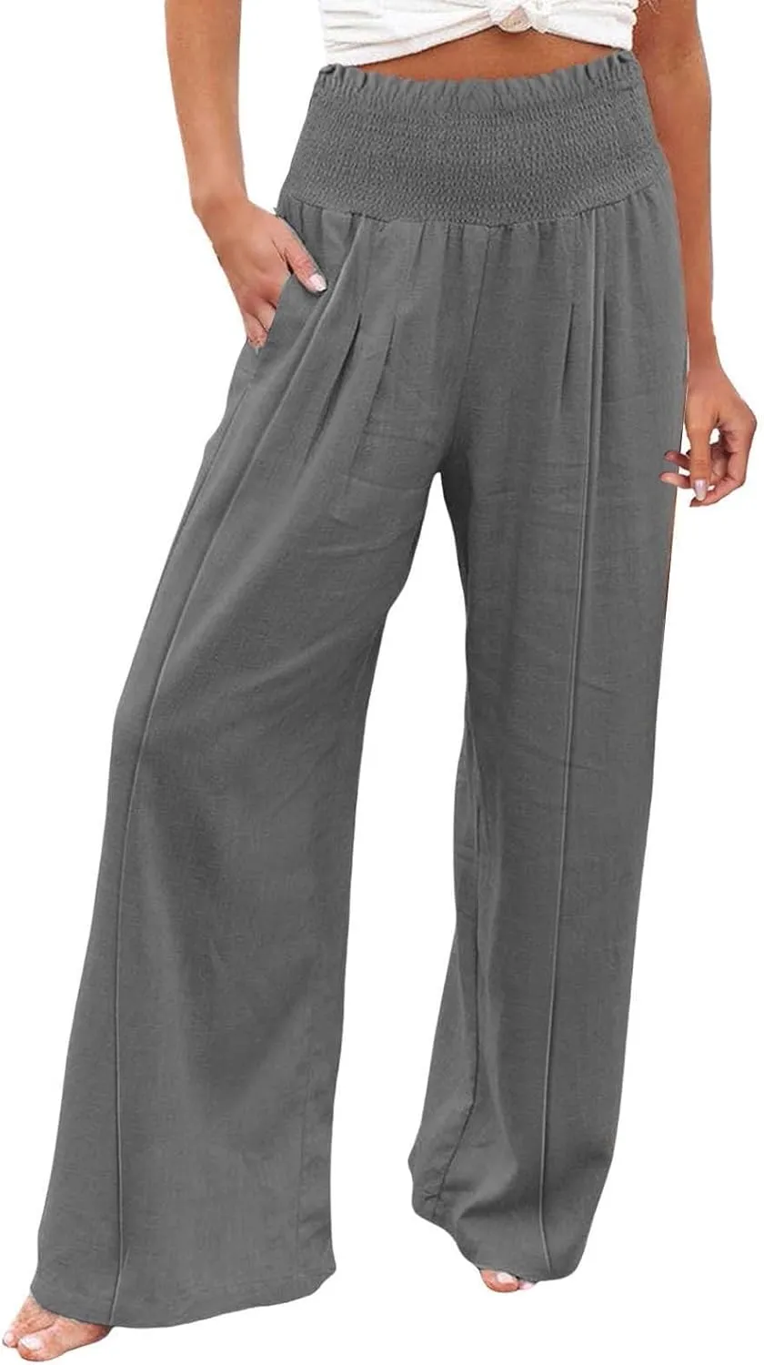 Women Linen Palazzo Pants Summer Wide Leg High Waisted Casual Cotton Long Lounge Yoga Beach Pant Trousers with Pocket