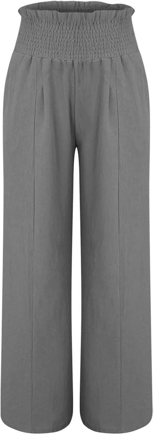 Women Linen Palazzo Pants Summer Wide Leg High Waisted Casual Cotton Long Lounge Yoga Beach Pant Trousers with Pocket