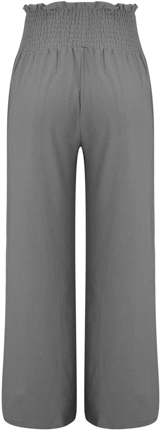Women Linen Palazzo Pants Summer Wide Leg High Waisted Casual Cotton Long Lounge Yoga Beach Pant Trousers with Pocket