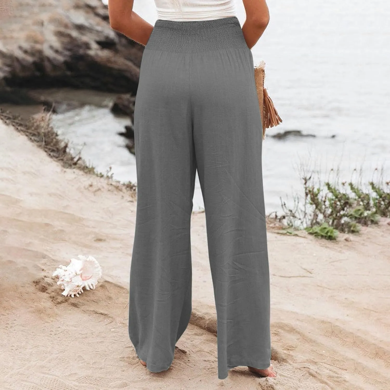 Women Linen Palazzo Pants Summer Wide Leg High Waisted Casual Cotton Long Lounge Yoga Beach Pant Trousers with Pocket