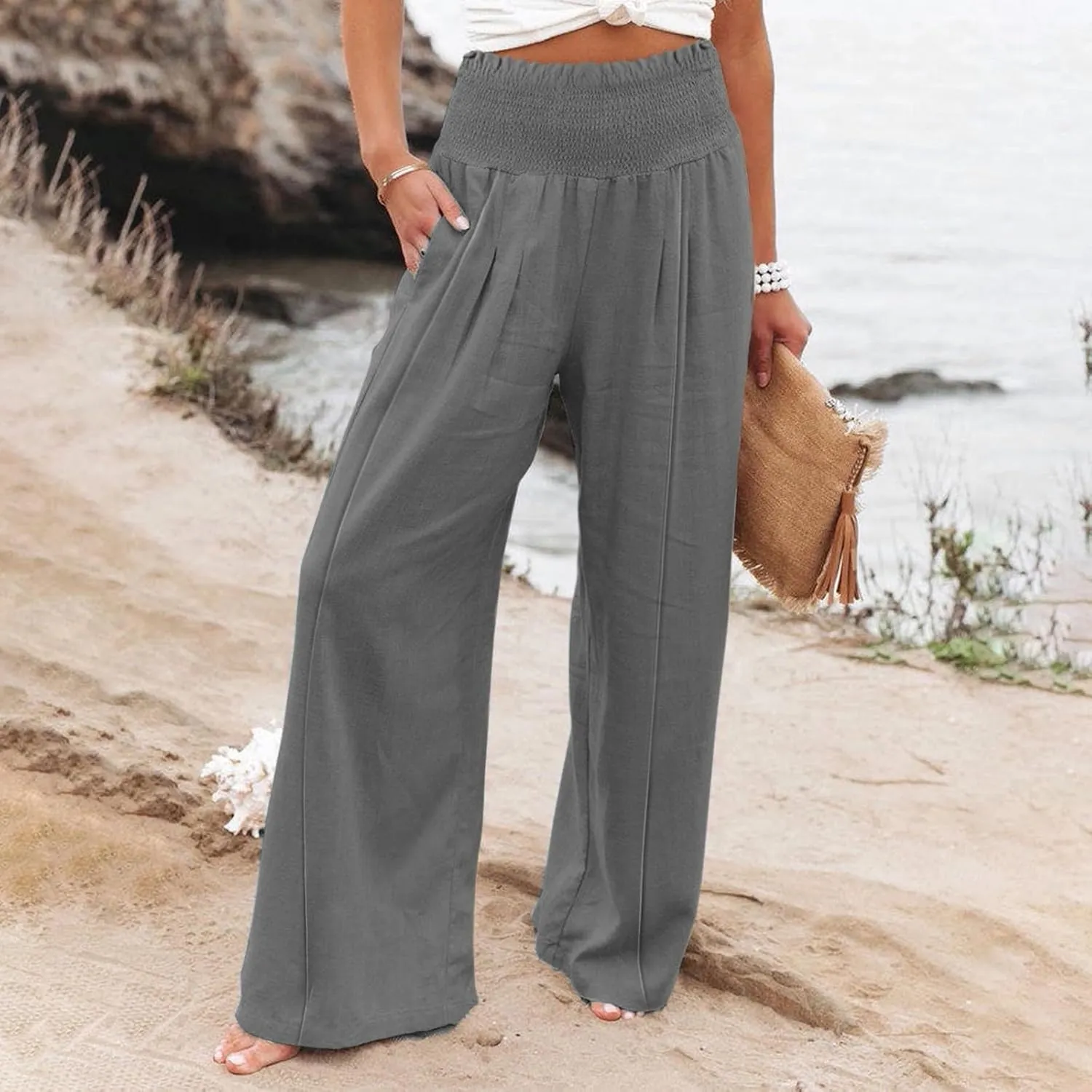 Women Linen Palazzo Pants Summer Wide Leg High Waisted Casual Cotton Long Lounge Yoga Beach Pant Trousers with Pocket