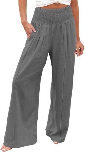 Women Linen Palazzo Pants Summer Wide Leg High Waisted Casual Cotton Long Lounge Yoga Beach Pant Trousers with Pocket