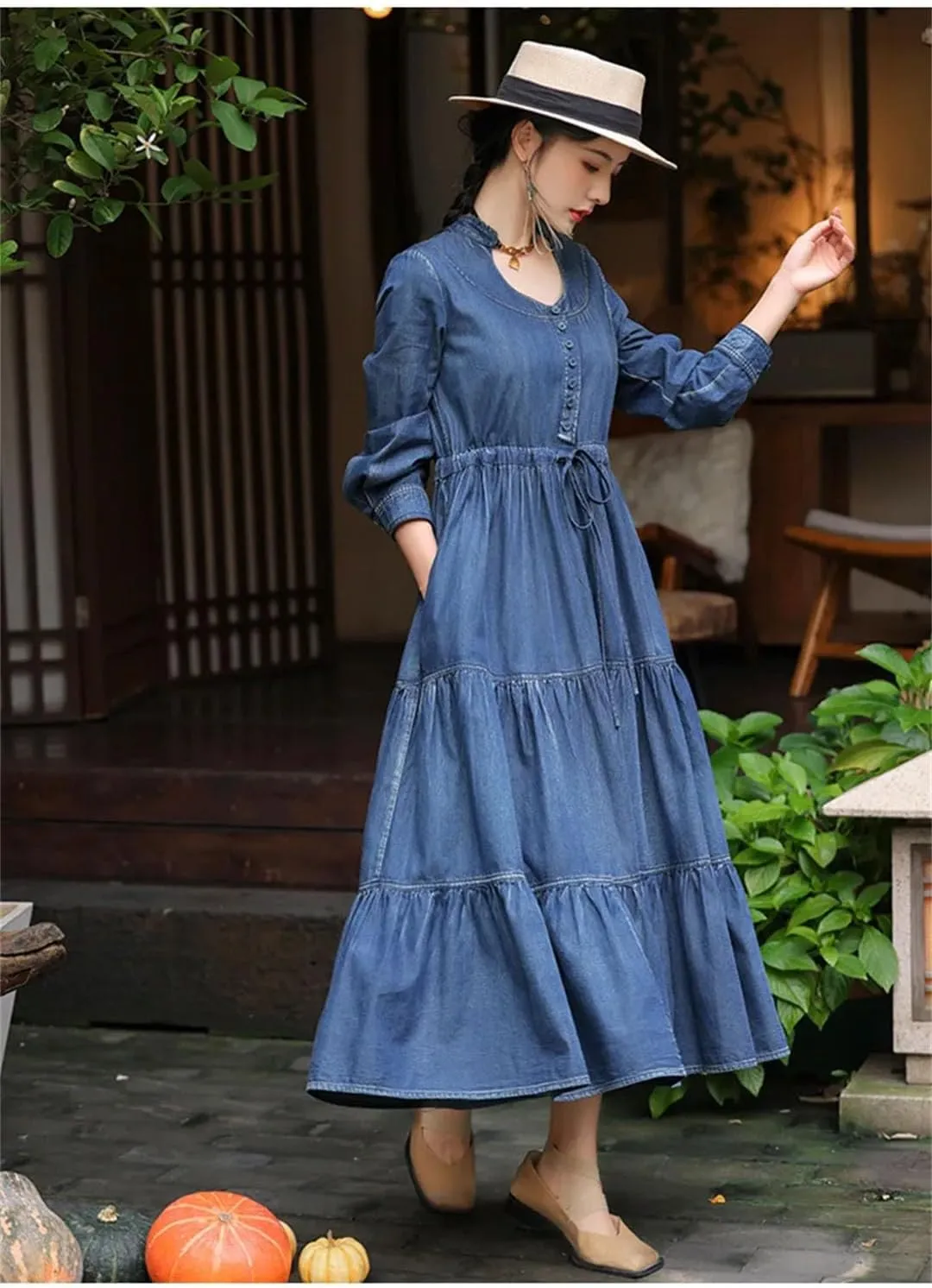 Women Long Sleeve Denim Dresses V-Neck Vintage Split Joint Peated Jeans Dress Ladies High Waisted A-Line Dress