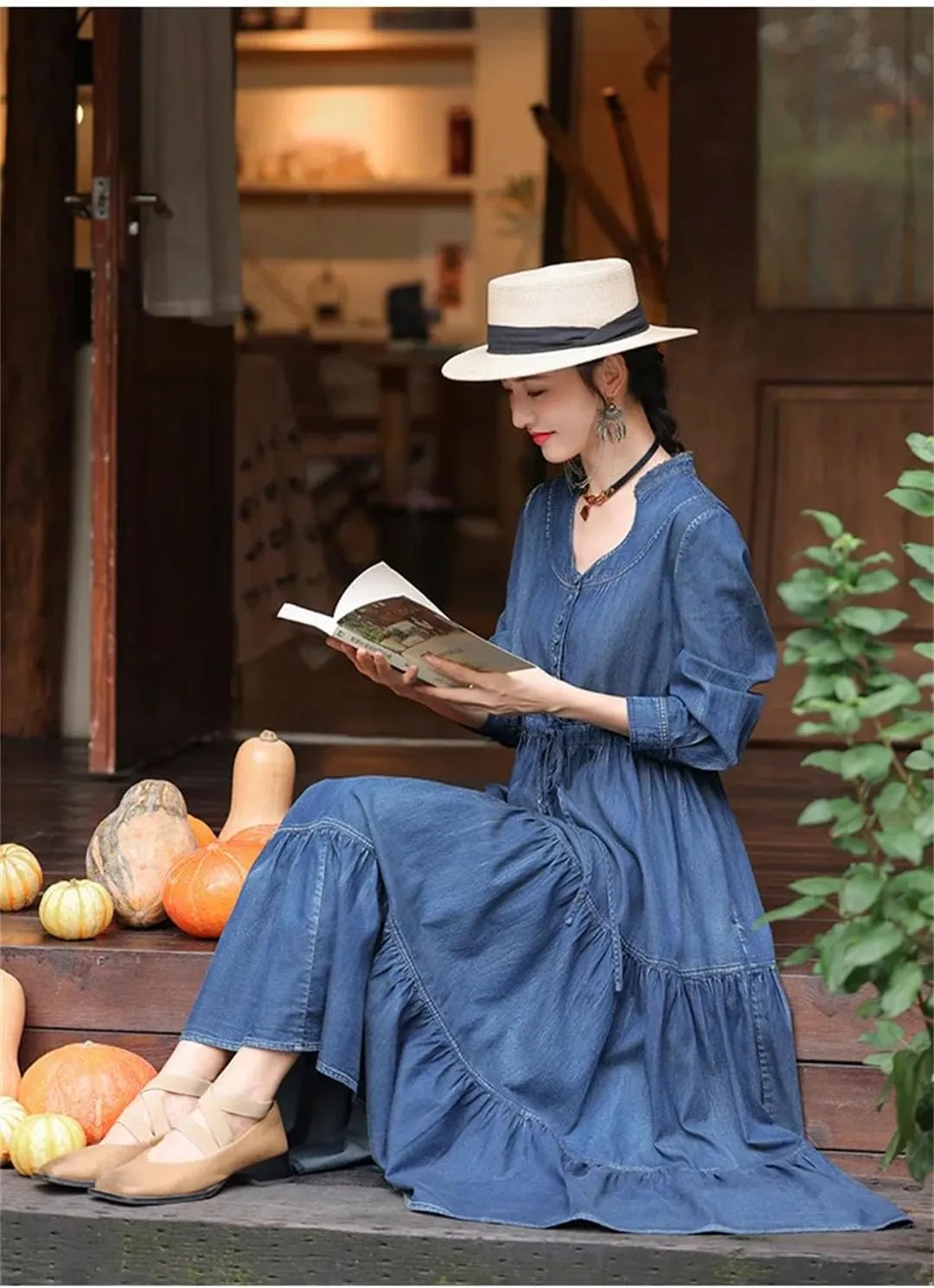 Women Long Sleeve Denim Dresses V-Neck Vintage Split Joint Peated Jeans Dress Ladies High Waisted A-Line Dress
