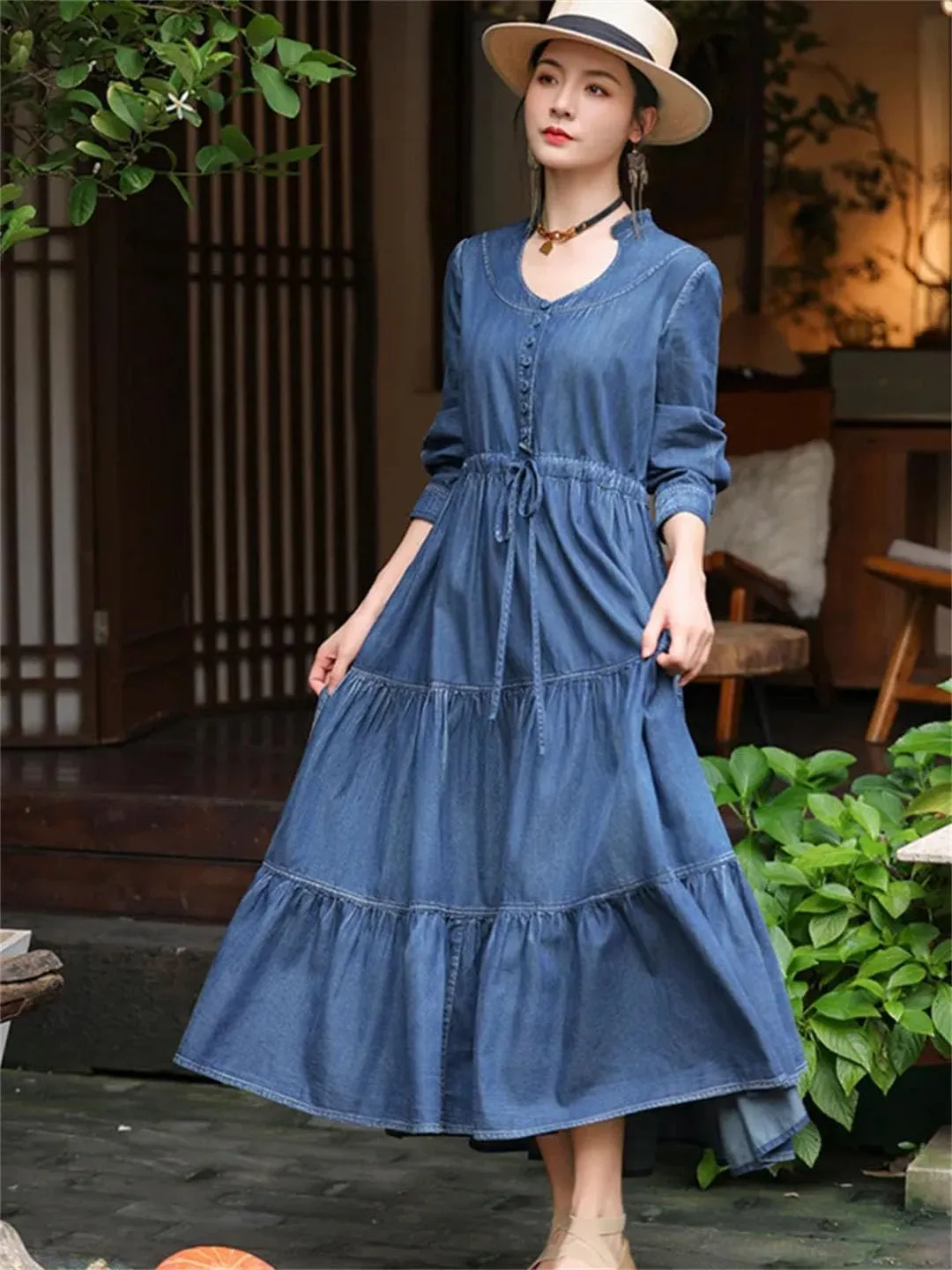 Women Long Sleeve Denim Dresses V-Neck Vintage Split Joint Peated Jeans Dress Ladies High Waisted A-Line Dress