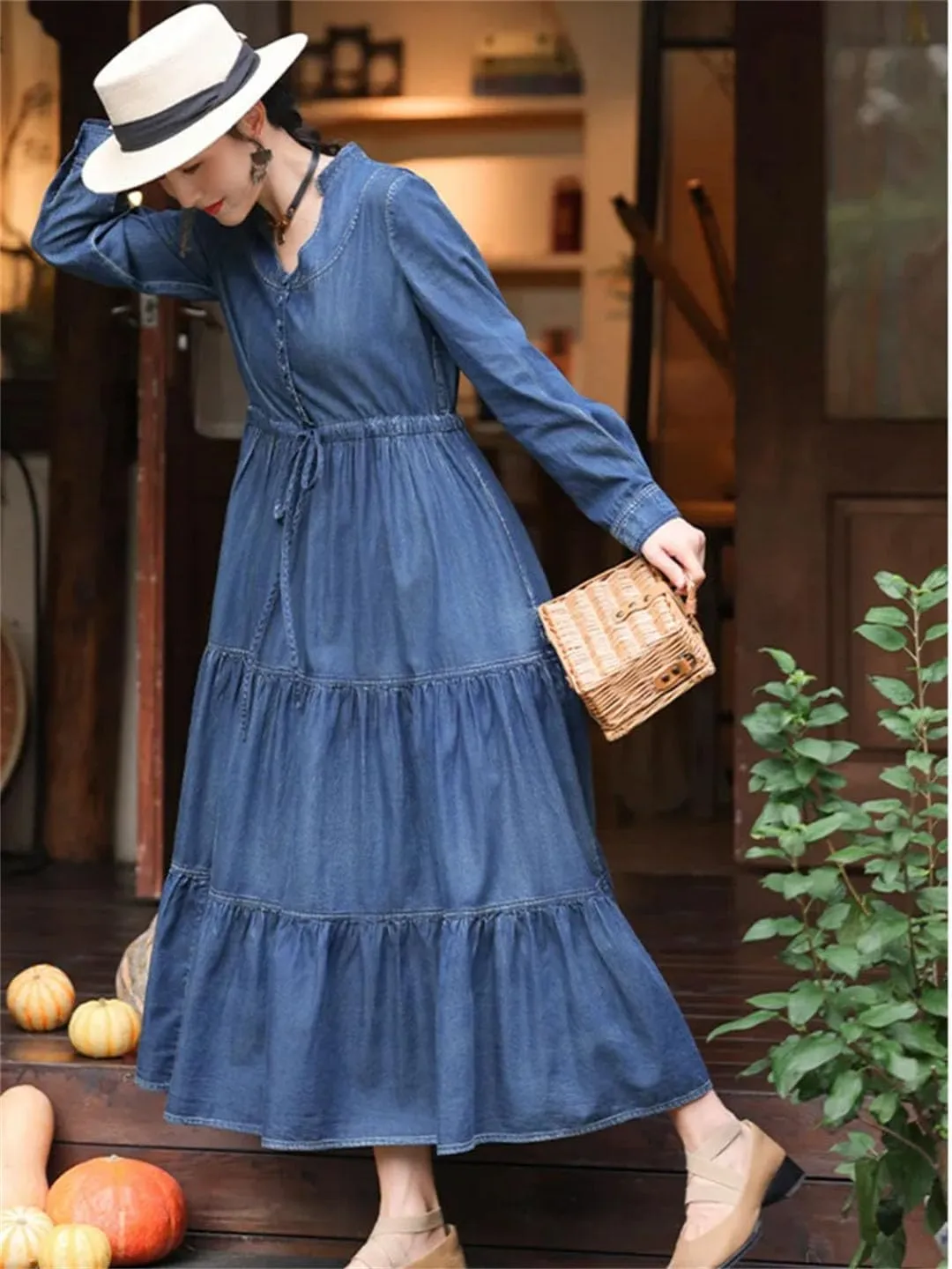 Women Long Sleeve Denim Dresses V-Neck Vintage Split Joint Peated Jeans Dress Ladies High Waisted A-Line Dress