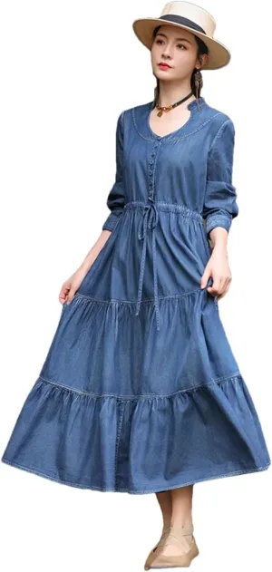 Women Long Sleeve Denim Dresses V-Neck Vintage Split Joint Peated Jeans Dress Ladies High Waisted A-Line Dress