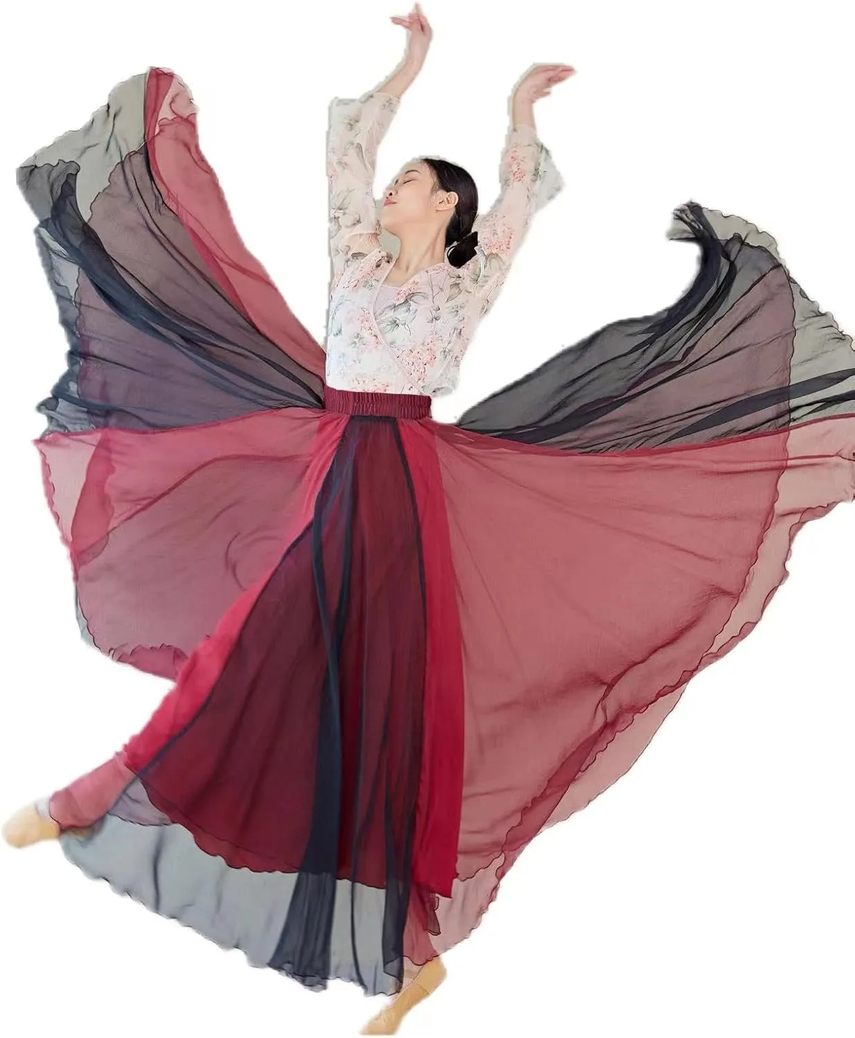 Women Lyrical Dance Skirt Long Double-Sided Ballet Wrap Skirt Flowy Maxi Skirts for Ballerina Modern Dance Costume
