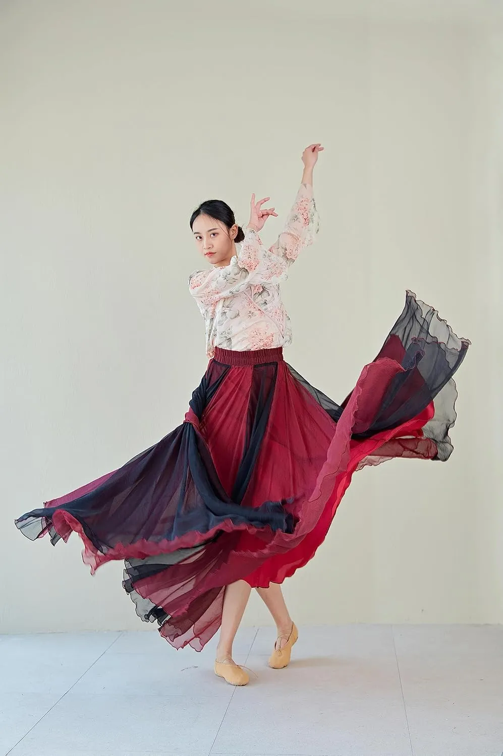Women Lyrical Dance Skirt Long Double-Sided Ballet Wrap Skirt Flowy Maxi Skirts for Ballerina Modern Dance Costume