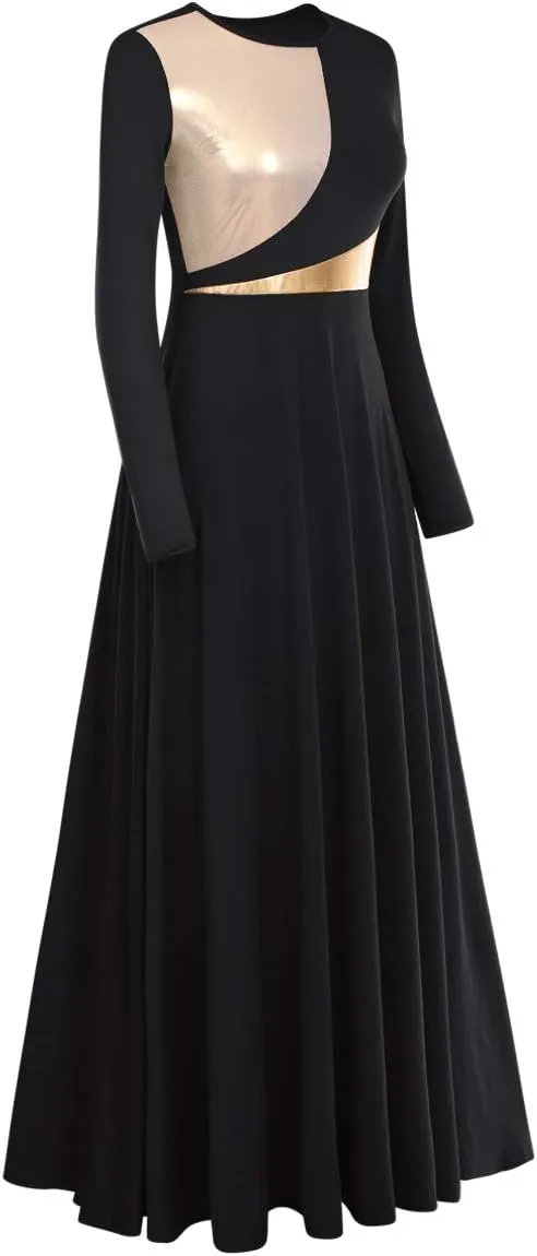Women Metallic Bi Color Liturgical Praise Dance Dress Long Sleeve Lyrical Dancewear Church Maxi Robe Worship Costume