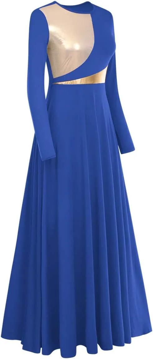 Women Metallic Bi Color Liturgical Praise Dance Dress Long Sleeve Lyrical Dancewear Church Maxi Robe Worship Costume