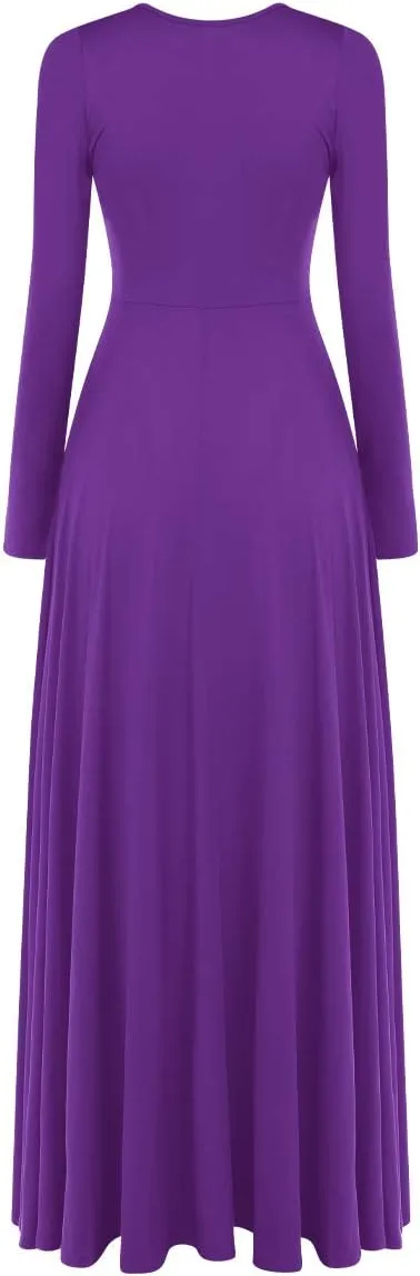 Women Metallic Bi Color Liturgical Praise Dance Dress Long Sleeve Lyrical Dancewear Church Maxi Robe Worship Costume