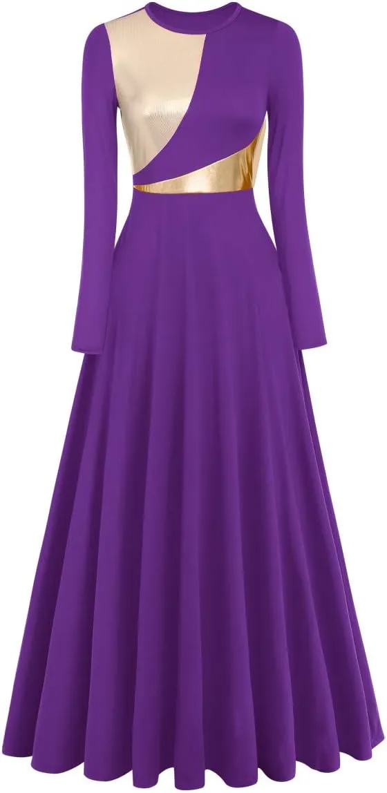 Women Metallic Bi Color Liturgical Praise Dance Dress Long Sleeve Lyrical Dancewear Church Maxi Robe Worship Costume